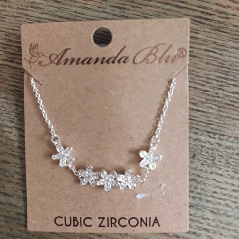 NWT AMANDA BLU silver CZ 5 flower necklace